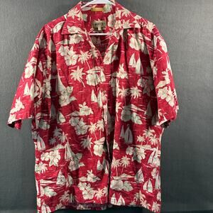 VTG men cotton hawaiian shirt large red vacation boat tropical palm floral beach